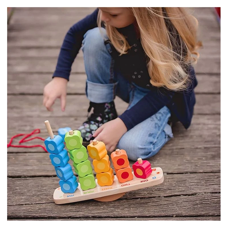 Дървена дидактическа играчка Pino, 3 в 1, За низане, сортиране и баланс